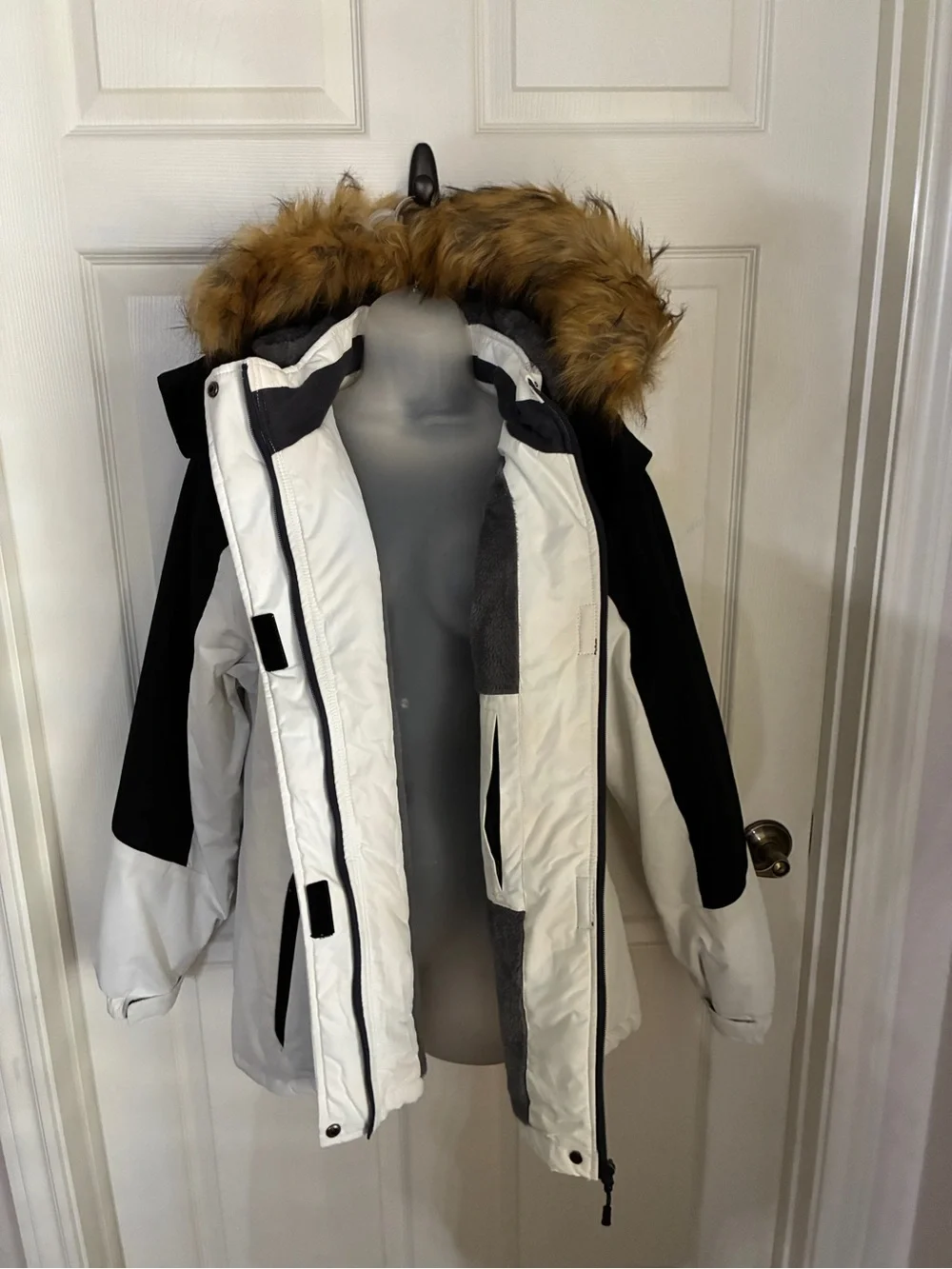 Two-Tone White and Black Winter Jacket with Faux Fur Hood